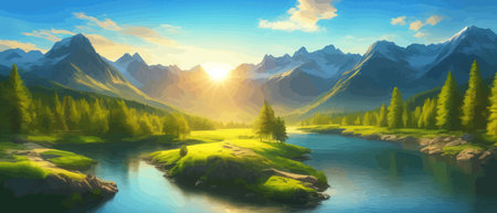 Picture of a mountain lake with a mountain range in the background and a lake in the foreground with a mountain range in the background. vector illustrationのイラスト素材