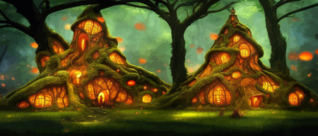 Fantastic houses magical forest night, fabulous dwelling in tree trunks. Banner vector illustration Fairy-tale house in a tree with a roof intertwined. Forest house.のイラスト素材