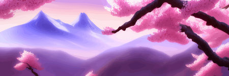Japanese landscape with sakura trees against the backdrop of mountains and a volcano. beautiful fantasy landscape. vector banner illustration.のイラスト素材