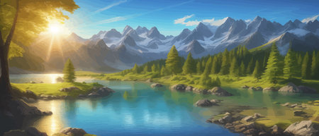 Picture of a mountain lake with a mountain range in the background and a lake in the foreground with a mountain range in the background. vector illustrationのイラスト素材