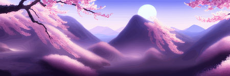 Japanese landscape with sakura trees against the backdrop of mountains and a volcano. beautiful fantasy landscape. vector banner illustration.のイラスト素材