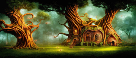 Fantastic houses magical forest night, fabulous dwelling in tree trunks. Banner vector illustration Fairy-tale house in a tree with a roof intertwined. Forest house.のイラスト素材