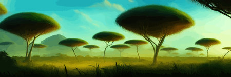 African rainforest. African jungle rainforest panorama with tropical vegetation, exotic fantasy landscape banner vector illustration. african savannah vector illustration.のイラスト素材