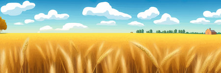 Wheat field sky with clouds. Countryside summer background gold colors grain nature. health food posterのイラスト素材