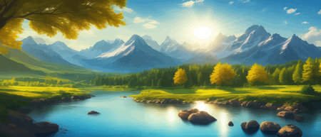 Picture of a mountain lake with a mountain range in the background and a lake in the foreground with a mountain range in the background. vector illustrationのイラスト素材