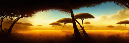 African rainforest. African jungle rainforest panorama with tropical vegetation, exotic fantasy landscape banner vector illustration. african savannah vector illustration.のイラスト素材