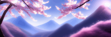 Japanese landscape with sakura trees against the backdrop of mountains and a volcano. beautiful fantasy landscape. vector banner illustration.のイラスト素材