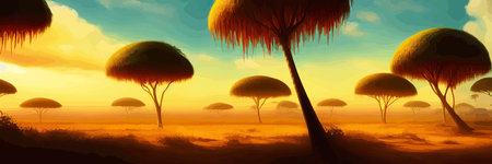 African rainforest. African jungle rainforest panorama with tropical vegetation, exotic fantasy landscape banner vector illustration. african savannah vector illustration.のイラスト素材