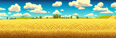 Wheat field sky with clouds. Countryside summer background gold colors grain nature. health food posterのイラスト素材