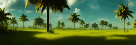 African rainforest. African jungle rainforest panorama with tropical vegetation, exotic fantasy landscape banner vector illustration. african savannah vector illustration.のイラスト素材