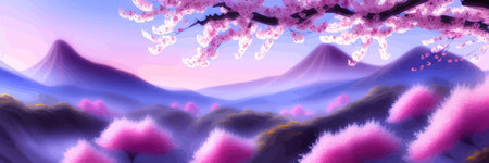 Japanese landscape with sakura trees against the backdrop of mountains and a volcano. beautiful fantasy landscape. vector banner illustration.のイラスト素材
