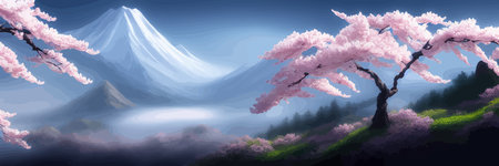 Japanese landscape with sakura trees against the backdrop of mountains and a volcano. beautiful fantasy landscape. vector banner illustration.のイラスト素材