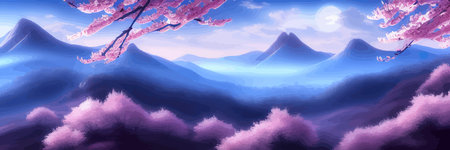 Japanese landscape with sakura trees against the backdrop of mountains and a volcano. beautiful fantasy landscape. vector banner illustration.のイラスト素材