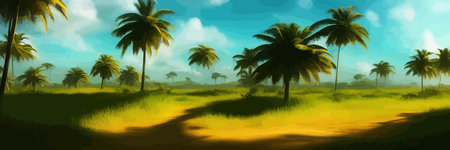 African rainforest. African jungle rainforest panorama with tropical vegetation, exotic fantasy landscape banner vector illustration. african savannah vector illustration.のイラスト素材