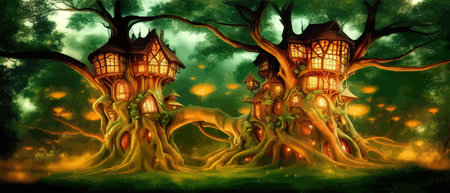 Fantastic houses magical forest night, fabulous dwelling in tree trunks. Banner vector illustration Fairy-tale house in a tree with a roof intertwined. Forest house.のイラスト素材