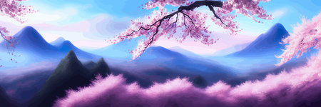 Japanese landscape with sakura trees against the backdrop of mountains and a volcano. beautiful fantasy landscape. vector banner illustration.のイラスト素材