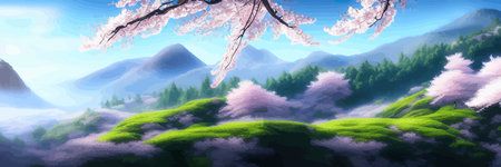 Japanese landscape with sakura trees against the backdrop of mountains and a volcano. beautiful fantasy landscape. vector banner illustration.のイラスト素材