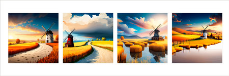 Rural summer landscape with windmill and wheat field. Vector illustration. Nature rural landscape with old dutchの写真素材
