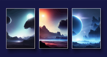 Futuristic fantasy landscape, sci fi landscape with planet neon light, cold planet. Galaxy unknown planet. Dark natural scene with light reflection water. neon space galaxy portal vector illustration.の写真素材