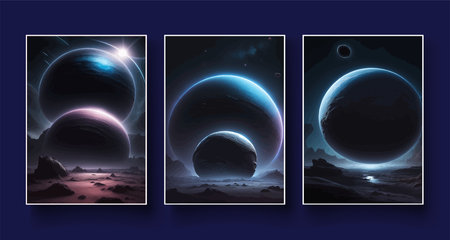 Futuristic fantasy landscape, sci fi landscape with planet, neon light, cold planet. Galaxy unknown planet Dark naturalの写真素材