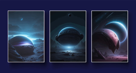 Futuristic fantasy landscape, sci fi landscape with planet, neon light, cold planet. Galaxy unknown planet Dark naturalの写真素材