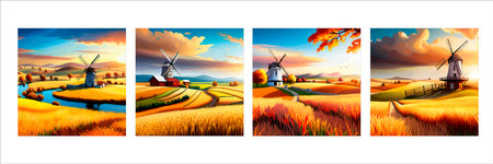 Rural summer landscape with windmill and wheat field. Vector illustration. Nature rural landscape with old dutchの写真素材