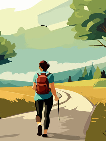 Beautiful design with a sense of travel. A young woman with a backpack inspects the surroundings. Vector verticalのイラスト素材
