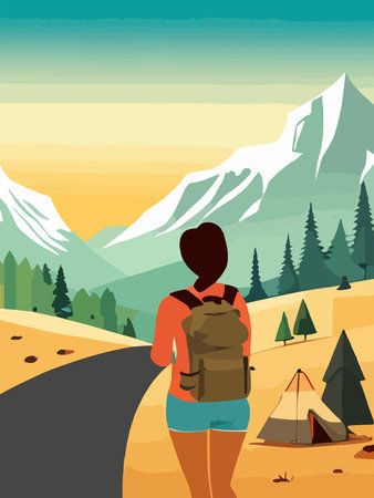 Beautiful design with a sense of travel. A young woman with a backpack inspects the surroundings. Vector verticalのイラスト素材