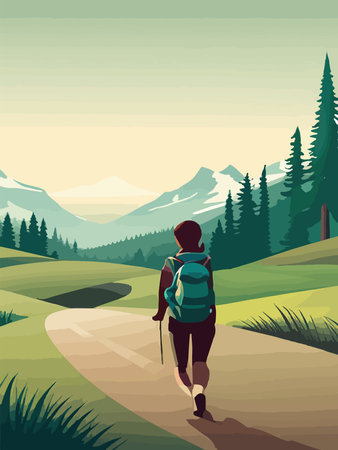 Beautiful design with a sense of travel. A young woman with a backpack inspects the surroundings. Vector verticalのイラスト素材