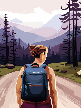 Beautiful design with a sense of travel. A young woman with a backpack inspects the surroundings. Vector verticalのイラスト素材