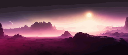 Futuristic fantasy landscape, sci fi landscape with planet neon light, cold planet. Galaxy unknown planet. Dark natural scene with light reflection water. neon space galaxy portal vector illustration.のイラスト素材