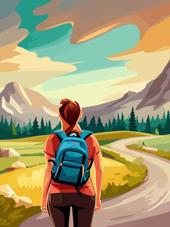 Beautiful design with a sense of travel. A young woman with a backpack inspects the surroundings. Vector verticalのイラスト素材