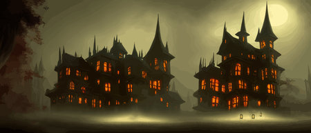 Scary little haunted house in horror forest, spooky haunted house in old, vintage style for Halloween and other spooky occasions. Vector illustration.のイラスト素材