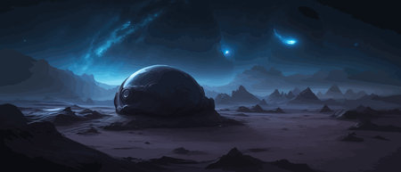 Space digital artwork. Surreal fantasy space. Nebula with planets stars. Science fiction elements. Glowing technologies. Dark colorful universe. Asteroids concept with moons stones vector illustrationのイラスト素材