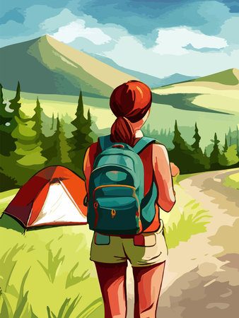 Beautiful design with a sense of travel. A young woman with a backpack inspects the surroundings. Vector verticalのイラスト素材