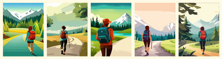Beautiful design with a sense of travel. A young woman with a backpack inspects the surroundings. Vector verticalのイラスト素材