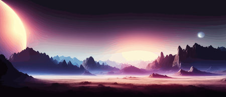 Futuristic fantasy landscape, sci fi landscape with planet neon light, cold planet. Galaxy unknown planet. Dark natural scene with light reflection water. neon space galaxy portal vector illustration.のイラスト素材