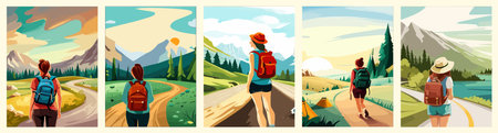 Beautiful design with a sense of travel. A young woman with a backpack inspects the surroundings. Vector verticalのイラスト素材