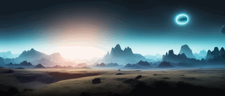 Futuristic fantasy landscape, sci fi landscape with planet neon light, cold planet. Galaxy unknown...