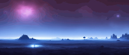 Futuristic fantasy landscape, sci fi landscape with planet neon light, cold planet. Galaxy unknown...