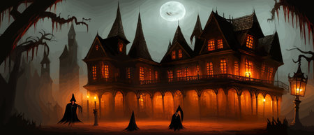Scary little haunted house in horror forest, spooky haunted house in old, vintage style for Halloween and other spooky occasions. Vector illustration.のイラスト素材