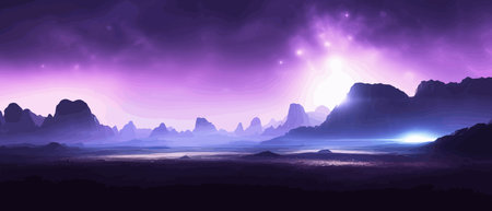 Futuristic fantasy landscape, sci fi landscape with planet neon light, cold planet. Galaxy unknown planet. Dark natural scene with light reflection water. neon space galaxy portal vector illustration.のイラスト素材