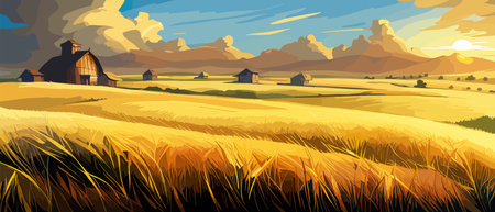 Wheat field sky with clouds. Countryside summer background gold colors grain nature. Health food poster. Barley vectorのイラスト素材