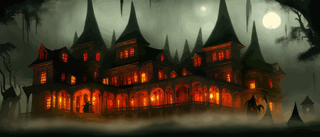 Scary little haunted house in horror forest, spooky haunted house in old, vintage style for Halloween and other spooky occasions. Vector illustration.のイラスト素材