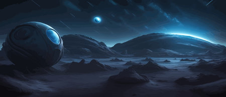 Space digital artwork. Surreal fantasy space. Nebula with planets stars. Science fiction elements. Glowing technologies. Dark colorful universe. Asteroids concept with moons stones vector illustrationのイラスト素材