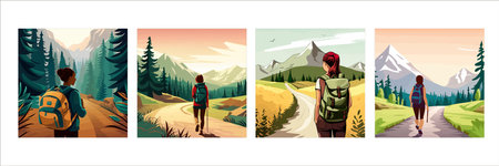 Adventure woman hiker enjoying hiking in mountains with nordic poles backpack flat vector illustration. Woman traveler travels with backpack.のイラスト素材