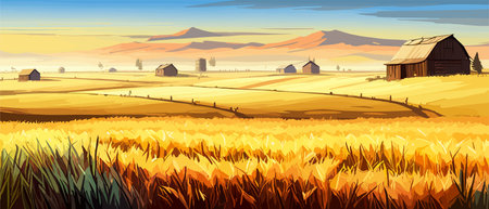 Wheat field sky with clouds. Countryside summer background gold colors grain nature. Health food poster. Barley vectorのイラスト素材