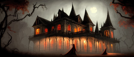 Scary little haunted house in horror forest, spooky haunted house in old, vintage style for Halloween and other spooky occasions. Vector illustration.のイラスト素材