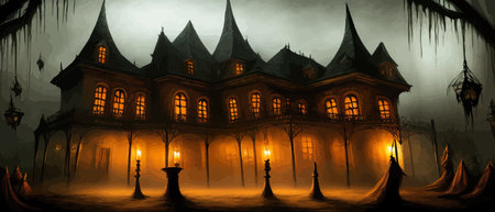 Scary little haunted house in horror forest, spooky haunted house in old, vintage style for Halloween and other spooky occasions. Vector illustration.のイラスト素材