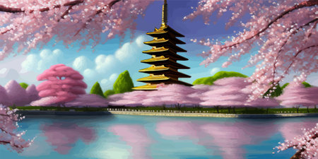 Cherry trees and lake under Mount Fuji, clear cloudy sky at dusk, super realistic and highly detailed Japanese pagoda, vector illustration.のイラスト素材